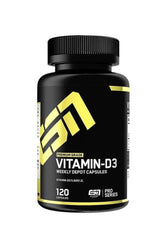 ESN Vitamin D3 supplement bottle with 120 capsules, promoting bone health and immune system support.