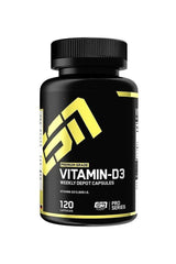 ESN Vitamin D3 supplement bottle with 120 capsules, promoting bone health and immune system support.