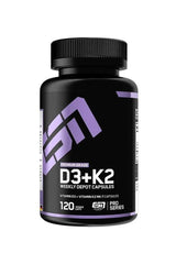 ESN Vitamin D3+K2 supplement bottle with 120 veggie capsules for bone and immune health support.