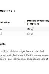 Nutrition facts for ESN Vitamin D3+K2 showing amounts of D3 and K2 per capsule.
