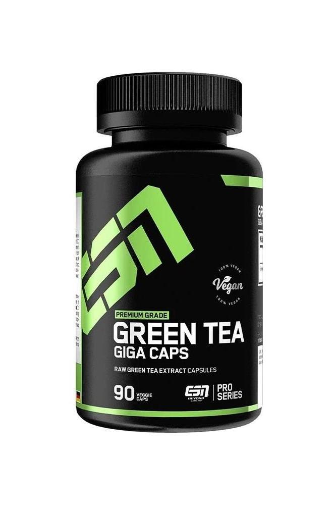 ESN Green Tea Giga Caps bottle with 90 veggie capsules, featuring high-quality green tea extract and vegan label.