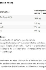 Nutritional facts for ESN Green Tea Giga Caps including ingredients and amounts per serving.