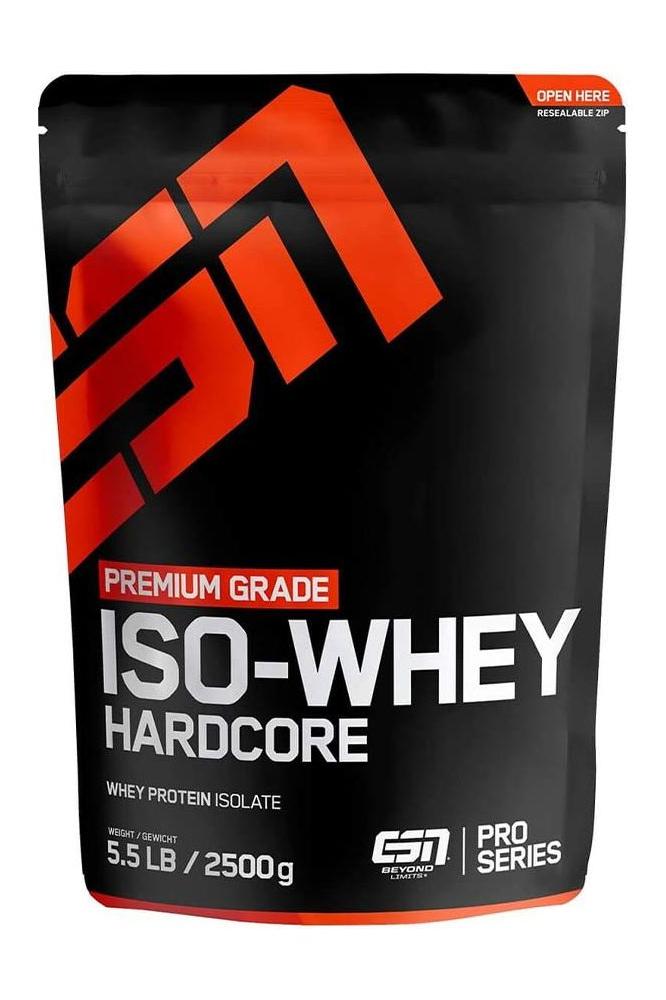 ESN Isowhey Hardcore protein powder packaging featuring high protein content and low carbs