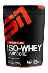 ESN Isowhey Hardcore protein powder packaging featuring high protein content and low carbs