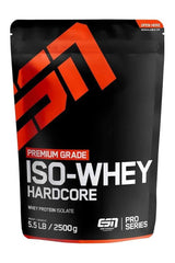 ESN Isowhey Hardcore protein powder packaging featuring high protein content and low carbs