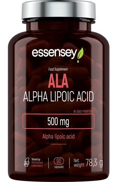 Essensey ALA Alpha Lipoic Acid 500mg supplement bottle with 90 capsules for energy and metabolism support.