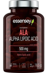 Essensey ALA Alpha Lipoic Acid 500mg supplement bottle with 90 capsules for energy and metabolism support.