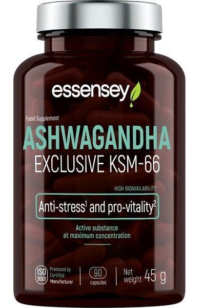 Essensey Ashwagandha Exclusive KSM-66 supplement, 90 capsules, supports stress resilience and vitality.