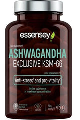 Essensey Ashwagandha Exclusive KSM-66 supplement, 90 capsules, supports stress resilience and vitality.