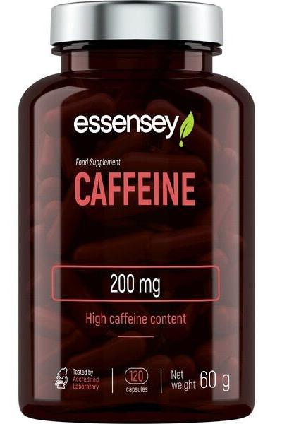 Essensey caffeine supplement bottle with 200 mg per capsule, 120 capsules for energy and focus.
