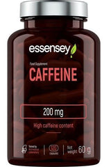 Essensey caffeine supplement bottle with 200 mg per capsule, 120 capsules for energy and focus.