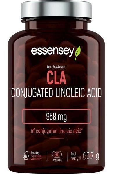 Essensey CLA supplement bottle containing 90 capsules of conjugated linoleic acid, 958 mg per serving.