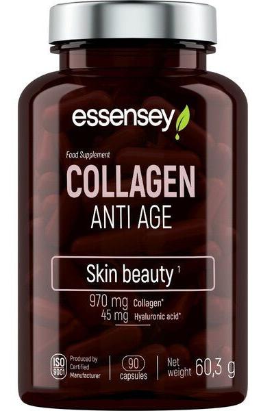 Essensey Collagen Anti Age supplement bottle with 90 capsules for skin beauty and youthful elasticity.