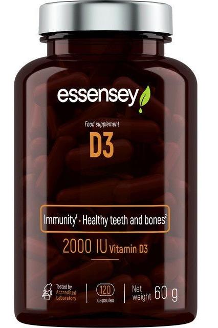 Essensey D3 food supplement bottle with 120 capsules, supports immunity, healthy teeth and bones, 2000 IU of Vitamin D3.