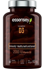 Essensey D3 food supplement bottle with 120 capsules, supports immunity, healthy teeth and bones, 2000 IU of Vitamin D3.