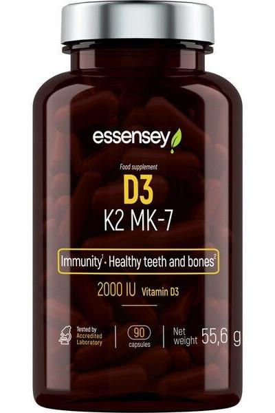 Essensey D3 K2 MK-7 supplement bottle, 90 capsules for immunity and healthy bones, with 2000 IU Vitamin D3.