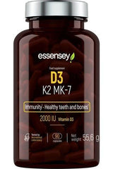 Essensey D3 K2 MK-7 supplement bottle, 90 capsules for immunity and healthy bones, with 2000 IU Vitamin D3.