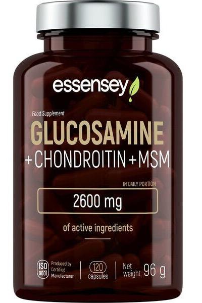 Essensey glucosamine, chondroitin, and MSM supplement bottle, 120 capsules for joint health support.