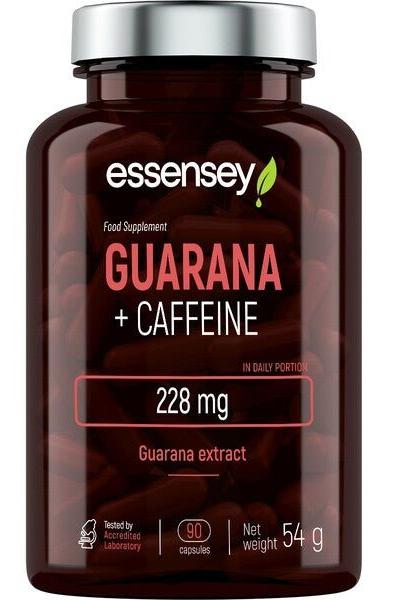 Essensey Guarana + Caffeine supplement bottle with 90 capsules, each containing 228 mg of guarana extract.