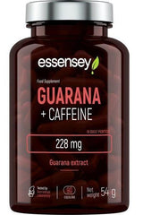 Essensey Guarana + Caffeine supplement bottle with 90 capsules, each containing 228 mg of guarana extract.