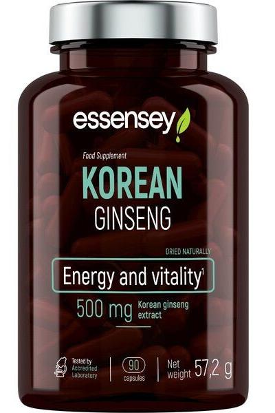 Essensey Korean Ginseng supplement bottle, 500 mg, 90 capsules for energy and vitality support.