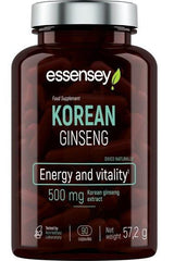 Essensey Korean Ginseng supplement bottle, 500 mg, 90 capsules for energy and vitality support.