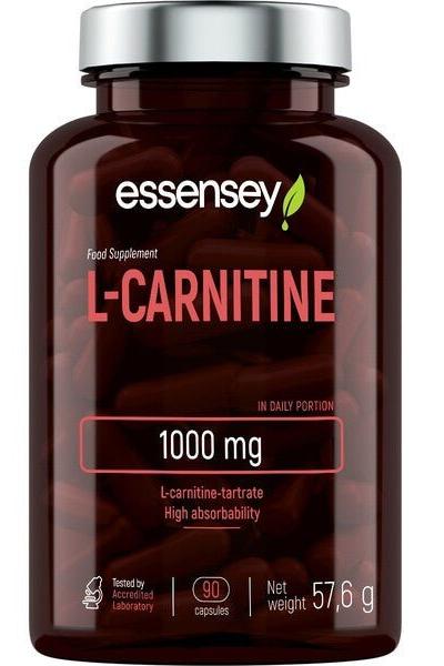 Essensey L-Carnitine 1000 mg supplement bottle with 90 capsules for energy and fat burning.