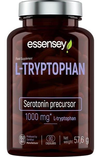 Essensey L-Tryptophan supplement bottle promoting serotonin production, 1000 mg, 90 capsules.
