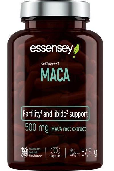 Essensey Maca food supplement bottle for fertility and libido support, 500 mg maca root extract, 90 capsules.