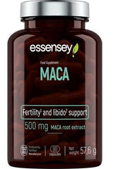 Essensey Maca food supplement bottle for fertility and libido support, 500 mg maca root extract, 90 capsules.