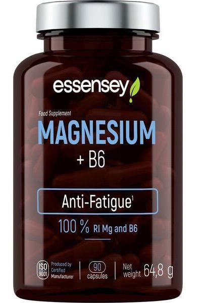 Essensey Magnesium + B6 dietary supplement bottle, 90 caps, supports energy levels and reduces fatigue.