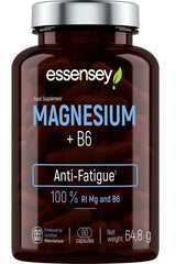 Essensey Magnesium + B6 dietary supplement bottle, 90 caps, supports energy levels and reduces fatigue.