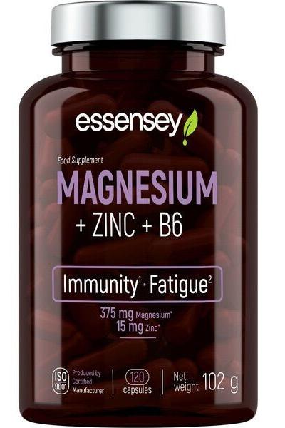 Essensey Magnesium + Zinc + B6 supplement bottle with 120 capsules for immunity and fatigue support.