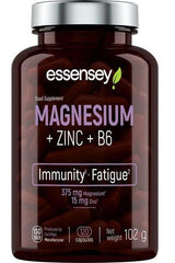 Essensey Magnesium + Zinc + B6 supplement bottle with 120 capsules for immunity and fatigue support.
