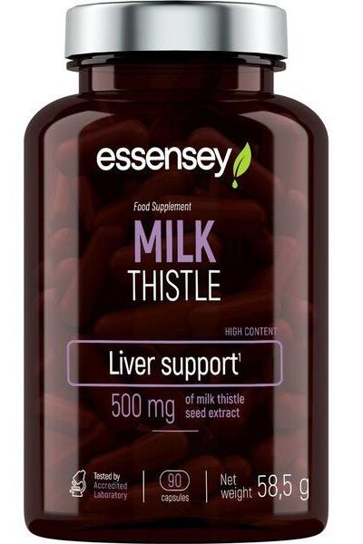 Essensey Milk Thistle supplement bottle for liver support, containing 90 capsules with 500 mg of milk thistle extract.