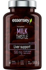Essensey Milk Thistle supplement bottle for liver support, containing 90 capsules with 500 mg of milk thistle extract.