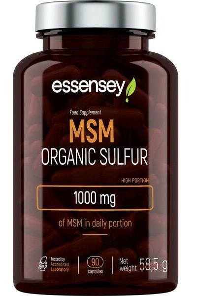 Essensey MSM Organic Sulfur supplement bottle with 90 capsules and 1000 mg per serving.