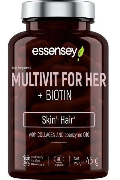 Essensey Multivit for Her + Biotin supplement bottle with collagen, 90 capsules for skin and hair health.