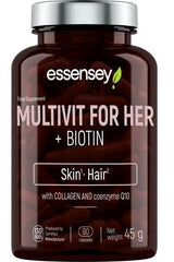 Essensey Multivit for Her + Biotin supplement bottle with collagen, 90 capsules for skin and hair health.