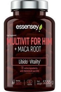 Essensey Multivitamin for Him + Maca Root, 90 capsules, supports libido and vitality with 18 active ingredients.