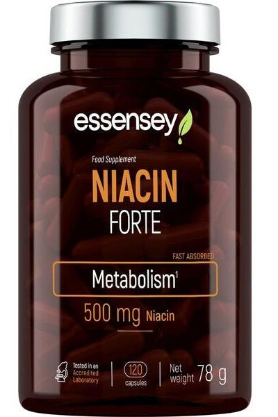 Essensey Niacin Forte supplement bottle with 500 mg Niacin for metabolism support, 120 capsules, 78g.