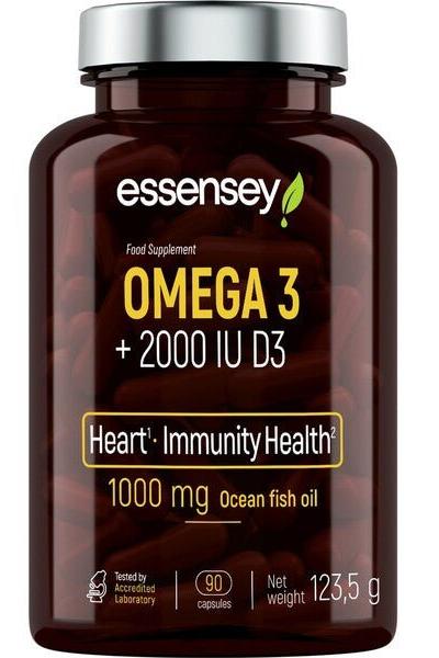 Essensey Omega 3 + 2000IU D3 supplement bottle, 90 capsules for heart and immunity health.