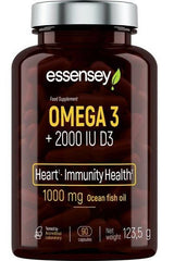 Essensey Omega 3 + 2000IU D3 supplement bottle, 90 capsules for heart and immunity health.