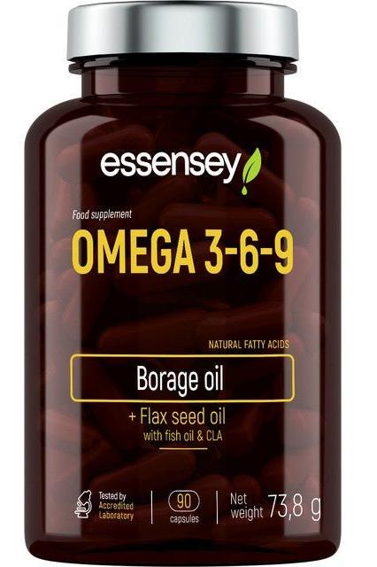 Essensey Omega 3-6-9 dietary supplement bottle with borage oil and flaxseed oil, 90 capsules, 73.8g.