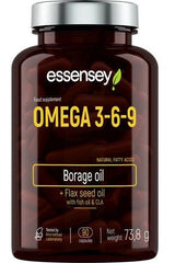 Essensey Omega 3-6-9 dietary supplement bottle with borage oil and flaxseed oil, 90 capsules, 73.8g.