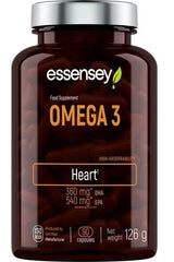 Essensey Omega 3 supplement bottle with 90 capsules, promoting heart health and cognitive function.