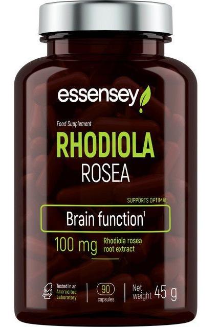 Essensey Rhodiola Rosea supplement bottle, supports brain function, 100 mg, 90 capsules, vegetarian-friendly.