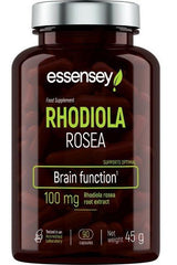 Essensey Rhodiola Rosea supplement bottle, supports brain function, 100 mg, 90 capsules, vegetarian-friendly.