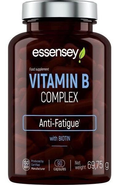 Essensey Vitamin B Complex supplement bottle with 90 capsules, labeled 'Anti-Fatigue' and enriched with Biotin.