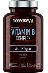Essensey Vitamin B Complex supplement bottle with 90 capsules, labeled 'Anti-Fatigue' and enriched with Biotin.